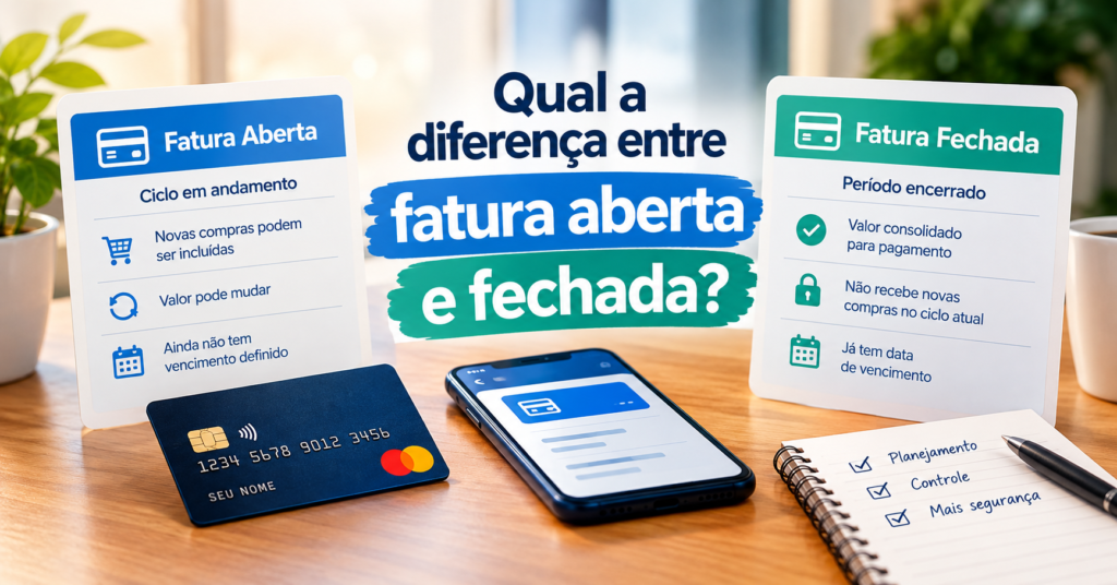 Diferença entre fatura aberta e fechada no cartão de crédito, com comparação dos ciclos de cobrança e pagamento.