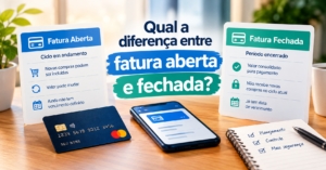 Diferença entre fatura aberta e fechada no cartão de crédito, com comparação dos ciclos de cobrança e pagamento.